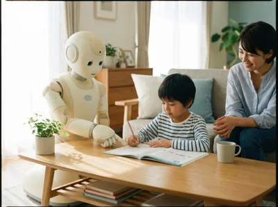 Humanoid Robot Tutoring A Young Boy At Home