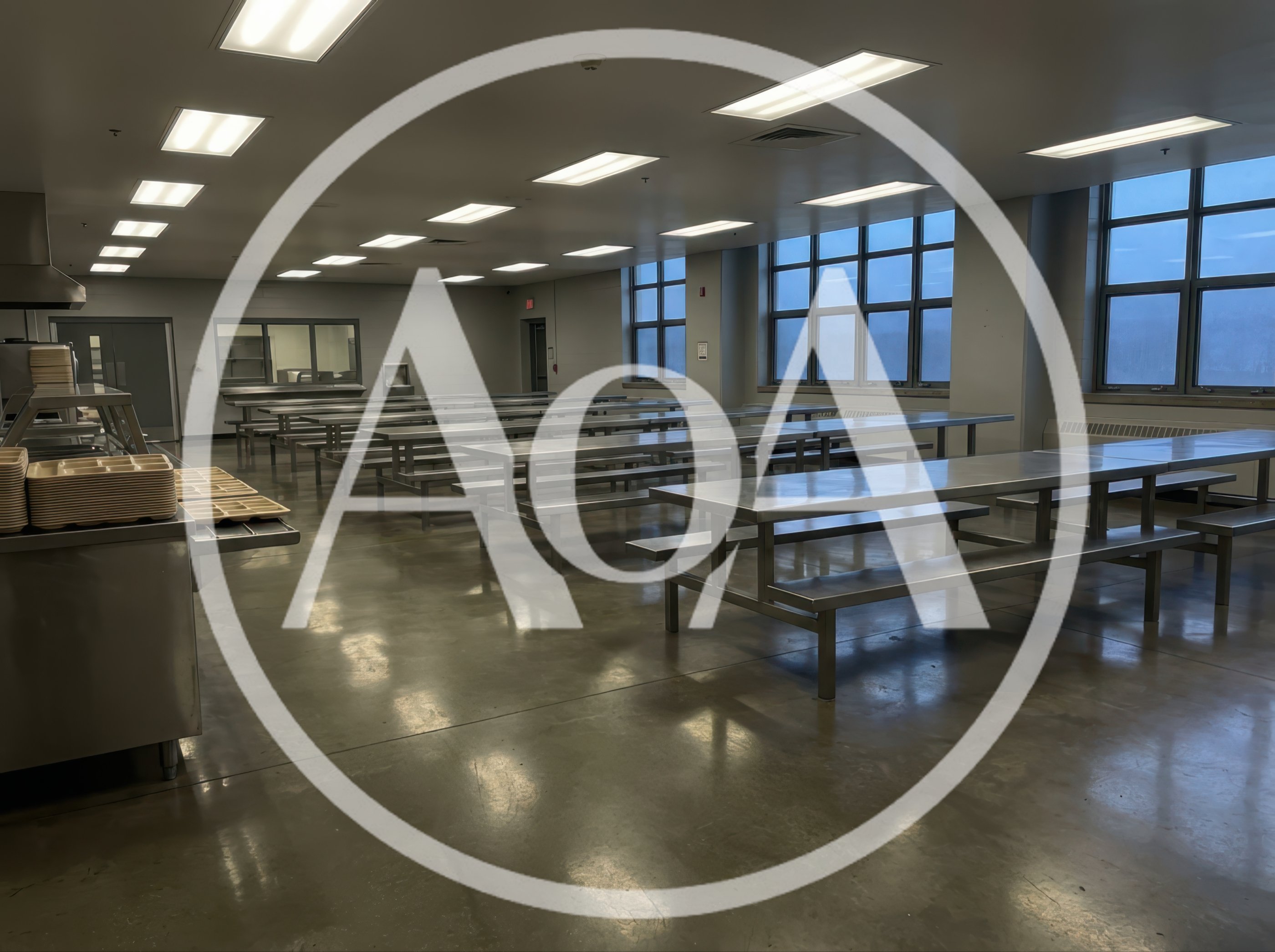 Empty School Cafeteria With Stainless Steel Tables