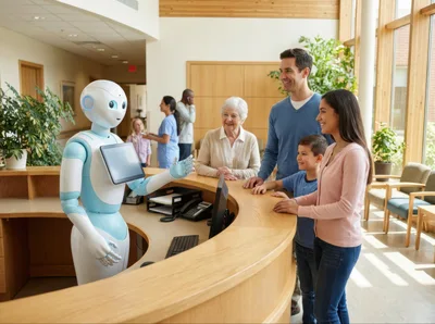 Humanoid Robot Receptionist Assisting Family In Hospital Lobby