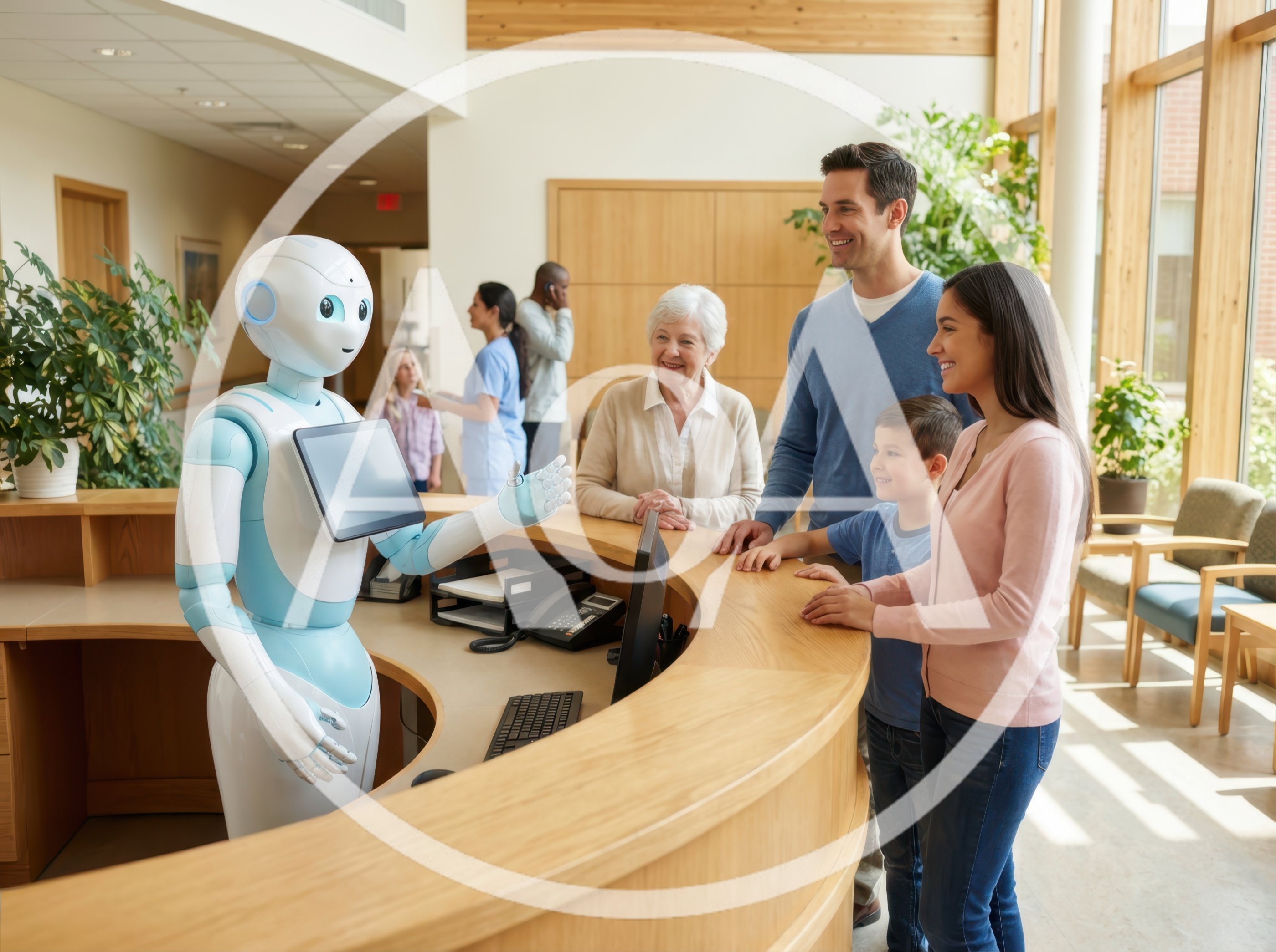 Humanoid Robot Receptionist Assisting Family In Hospital Lobby