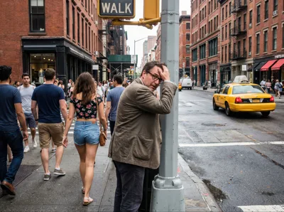 Stressed Man Leaning Against A City Street Pole