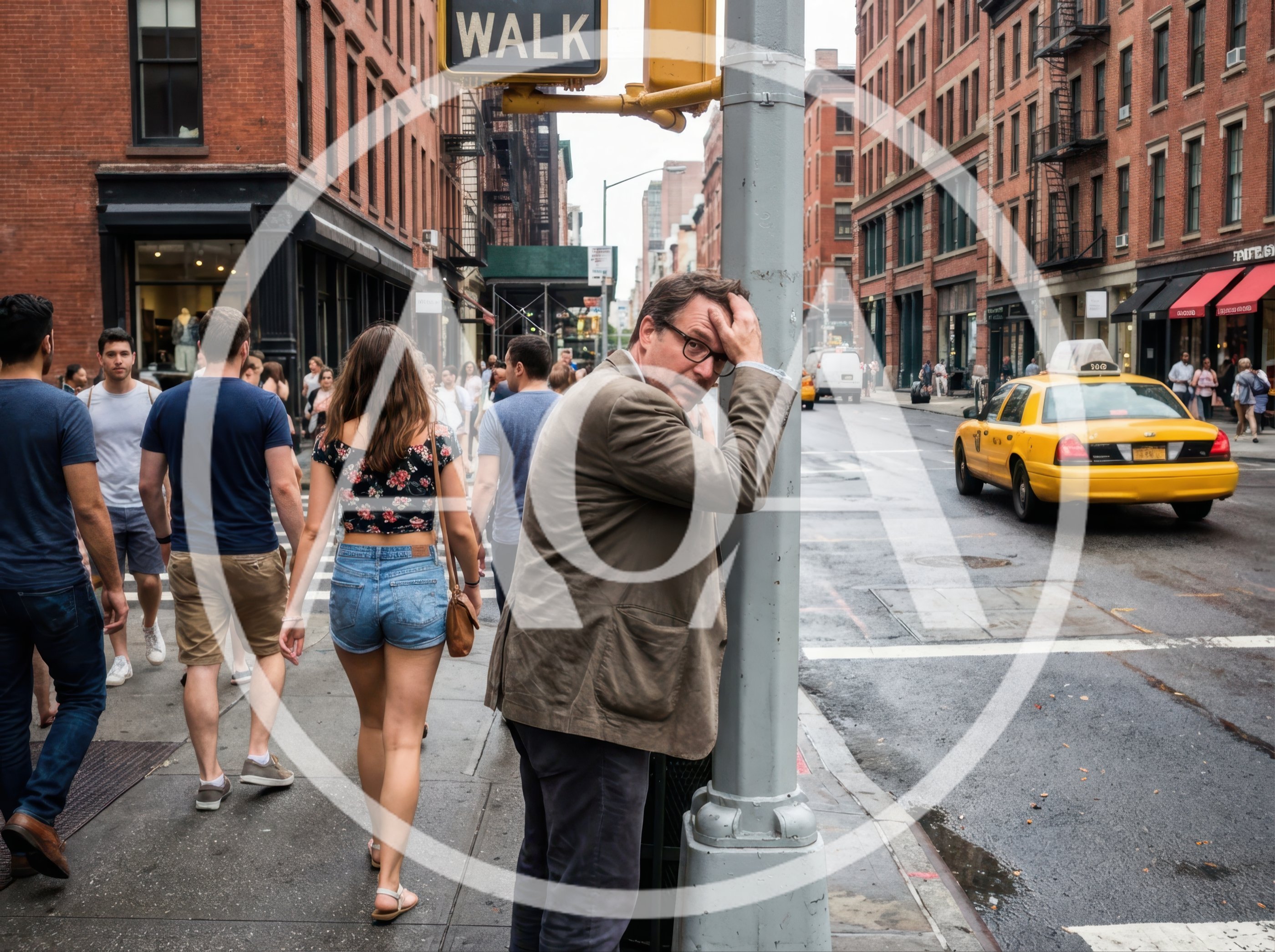 Stressed Man Leaning Against A City Street Pole