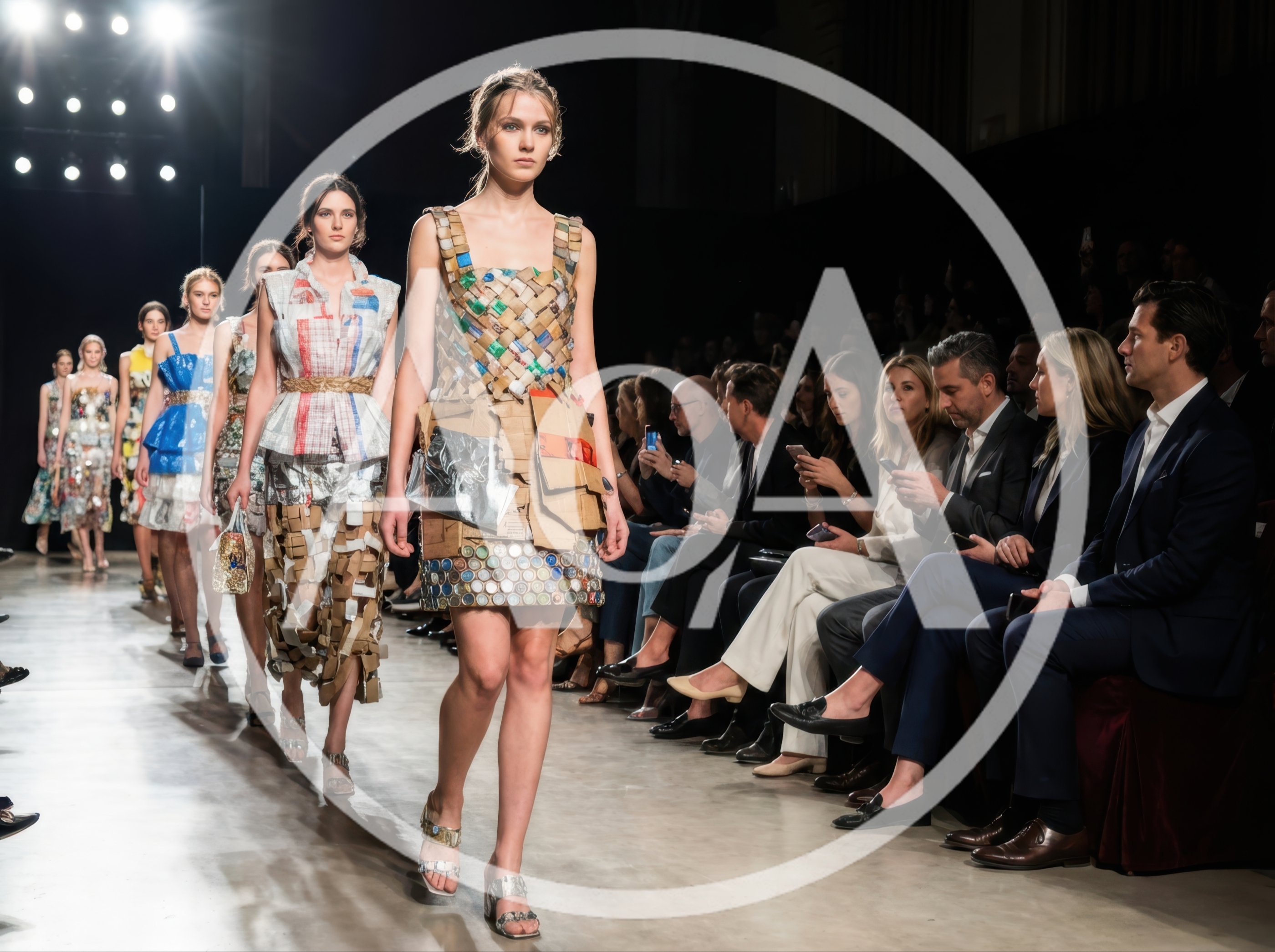 Models Walking Down Runway in Recycled Material Fashion Show