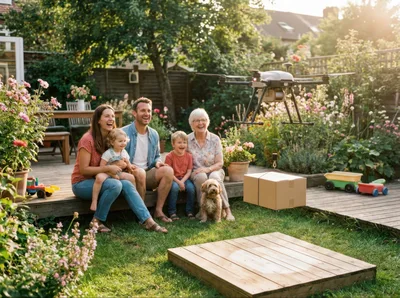 Family Watching Drone Delivery In Backyard