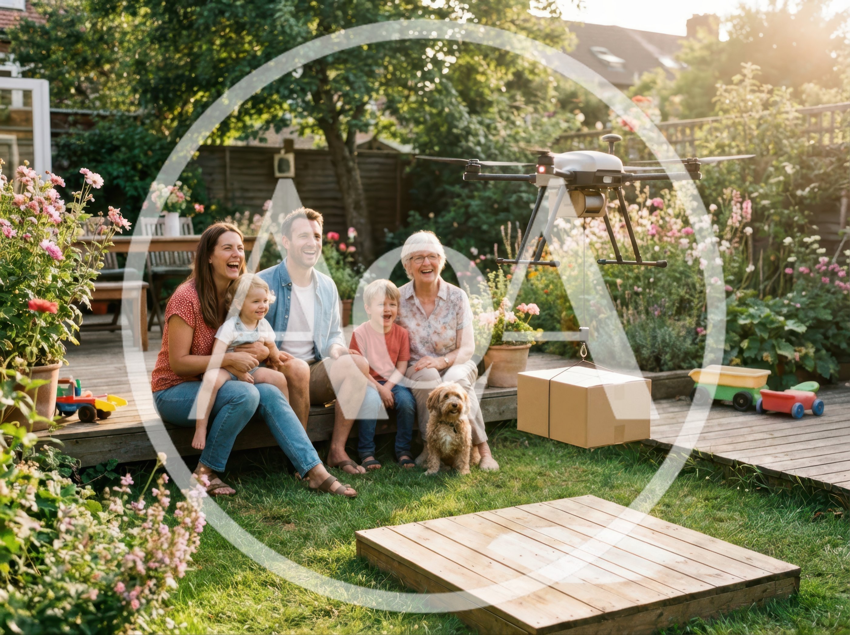 Family Watching Drone Delivery In Backyard
