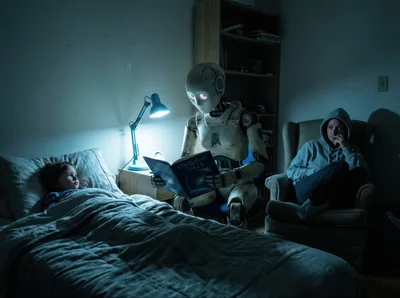 Robot Reading Bedtime Story To A Child