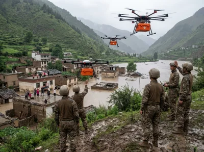 Military Personnel Deploying Supply Drones Over Flooded Village
