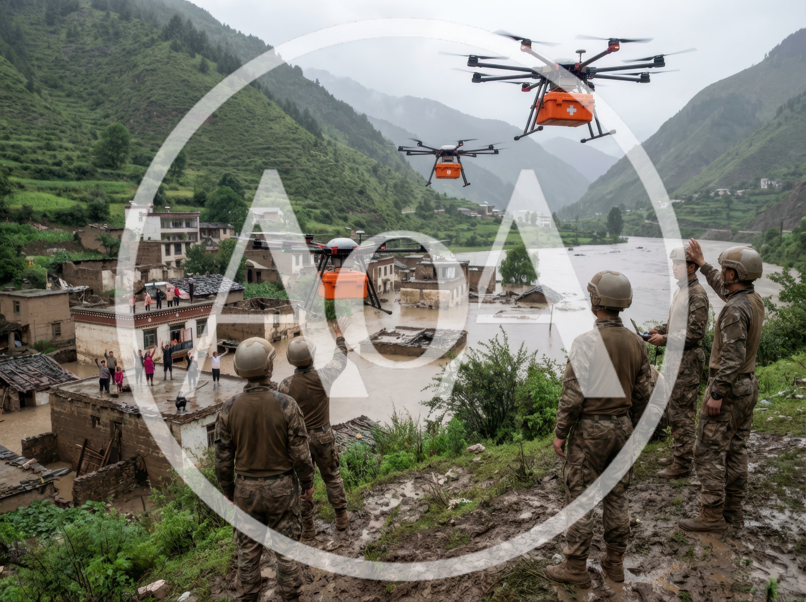 Military Personnel Deploying Supply Drones Over Flooded Village
