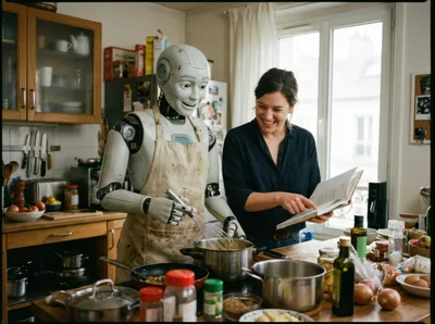 Human Woman Cooking With A Friendly Robot Assistant