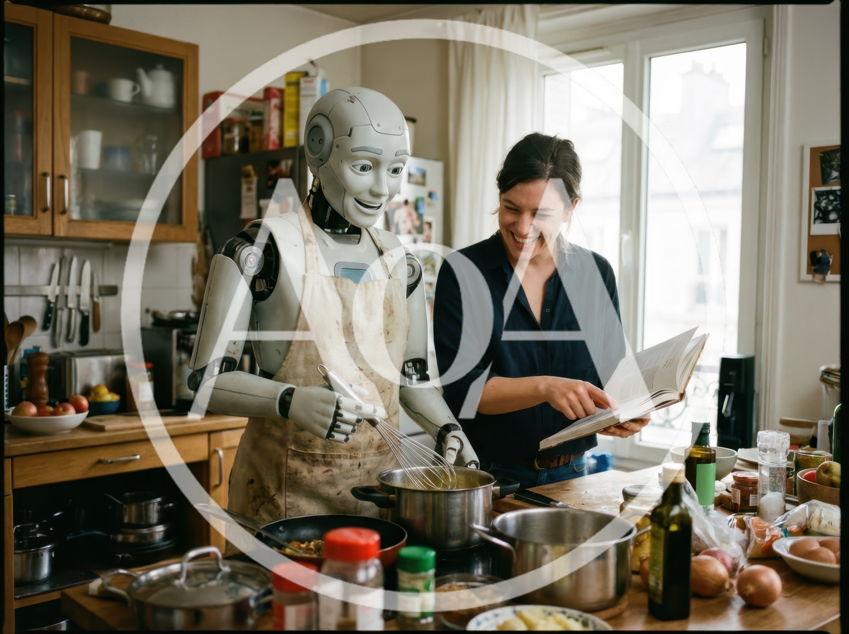 Human Woman Cooking With A Friendly Robot Assistant