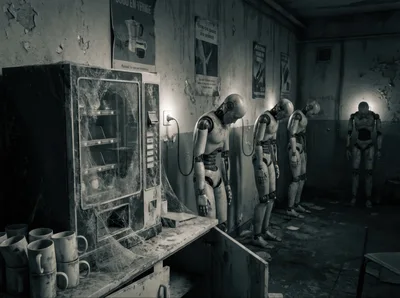 Abandoned Room With Humanoid Robots Connected To Power