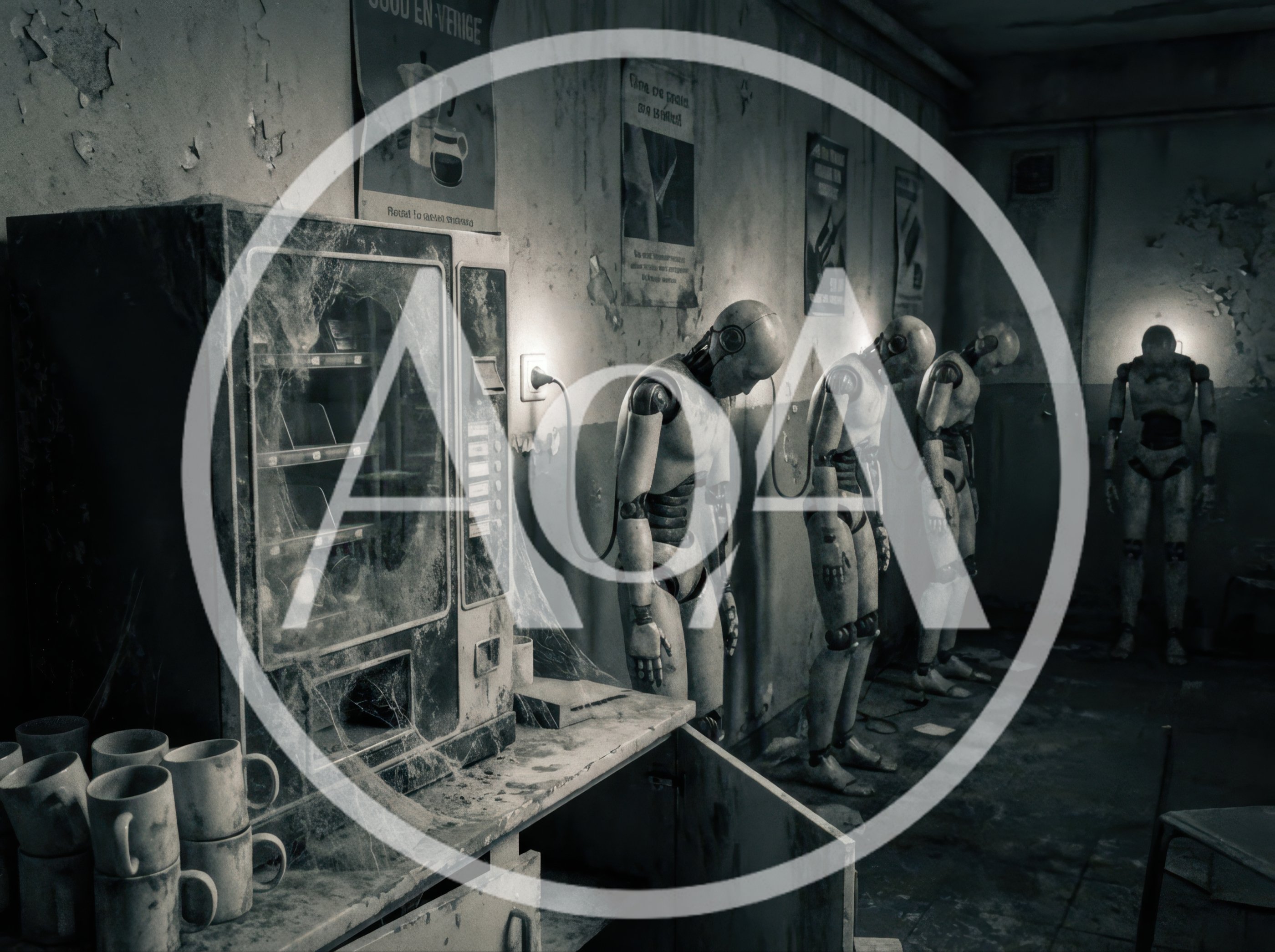 Abandoned Room With Humanoid Robots Connected To Power