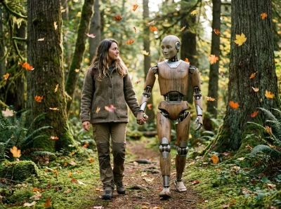 Woman Walking Hand In Hand With Wooden Robot