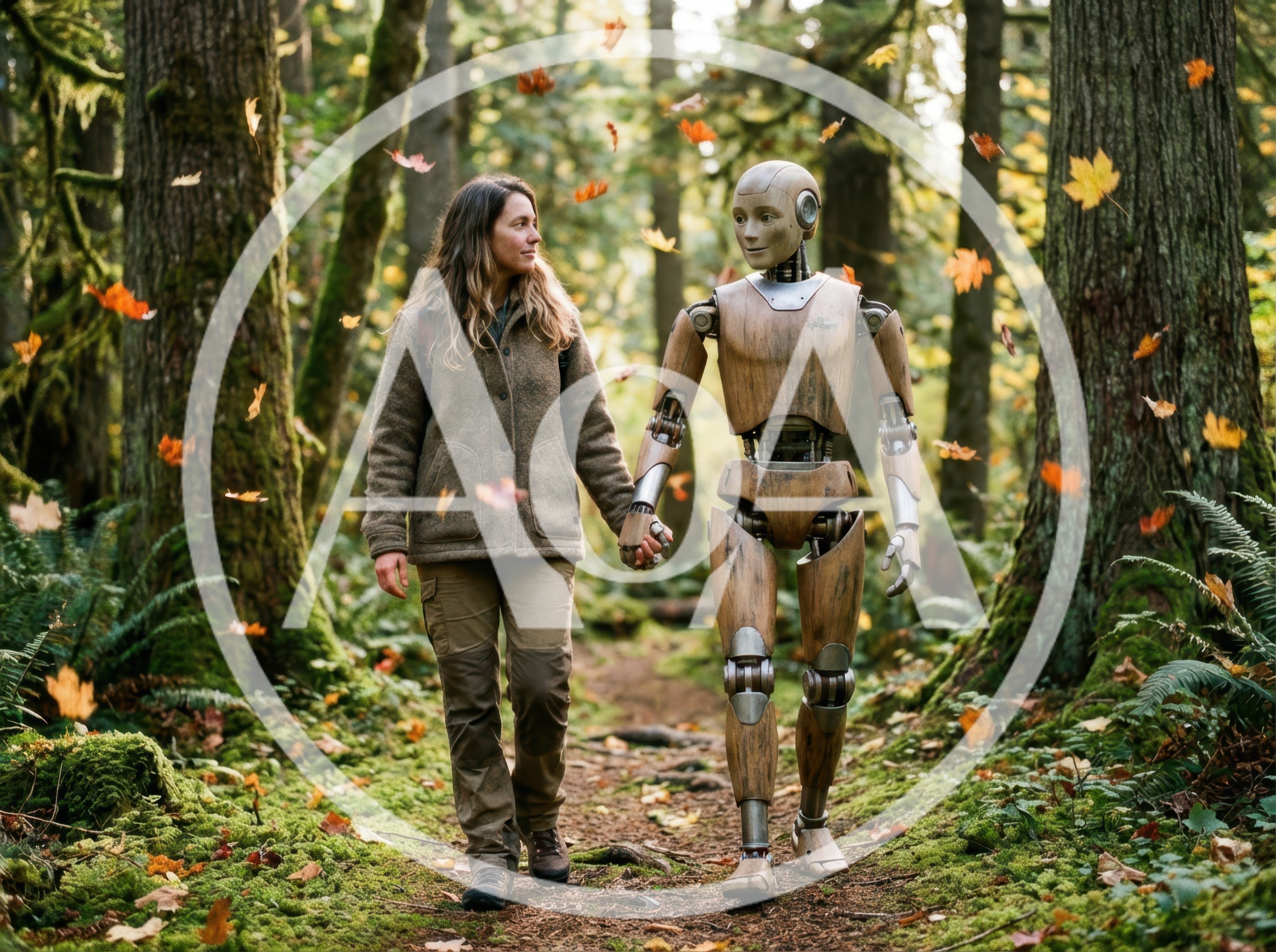 Woman Walking Hand In Hand With Wooden Robot