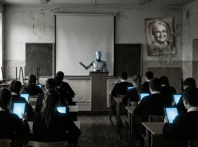 Humanoid Robot Teaching Students in Dilapidated Classroom