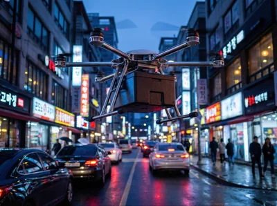 Delivery Drone Flying Over Busy City Street