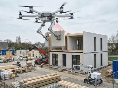 Futuristic Drone Constructing Modular Prefabricated House