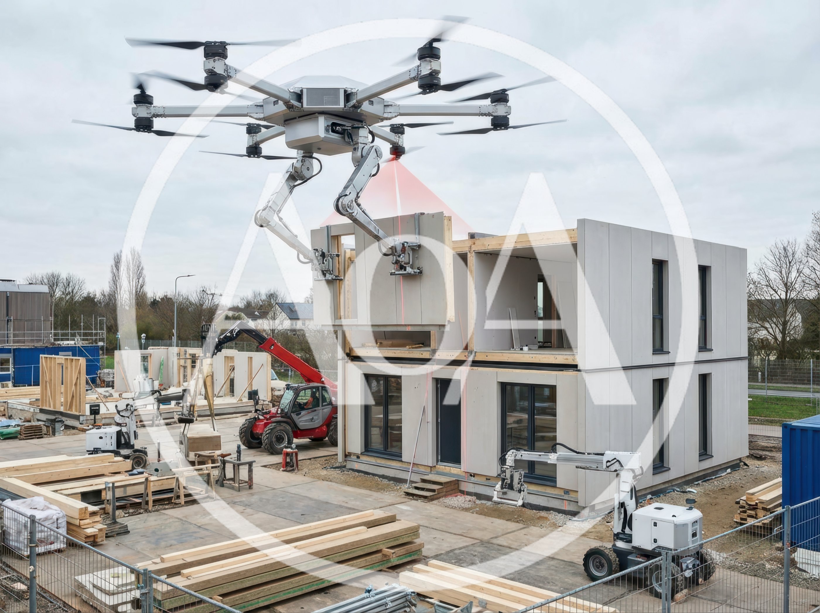Futuristic Drone Constructing Modular Prefabricated House