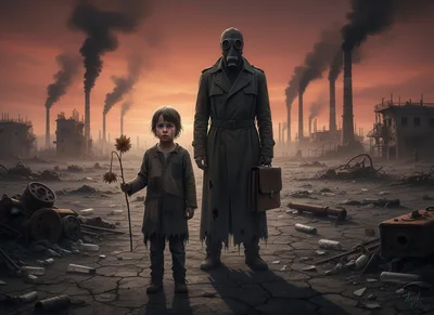Child Holding Flower Beside Gas Masked Figure In Wasteland