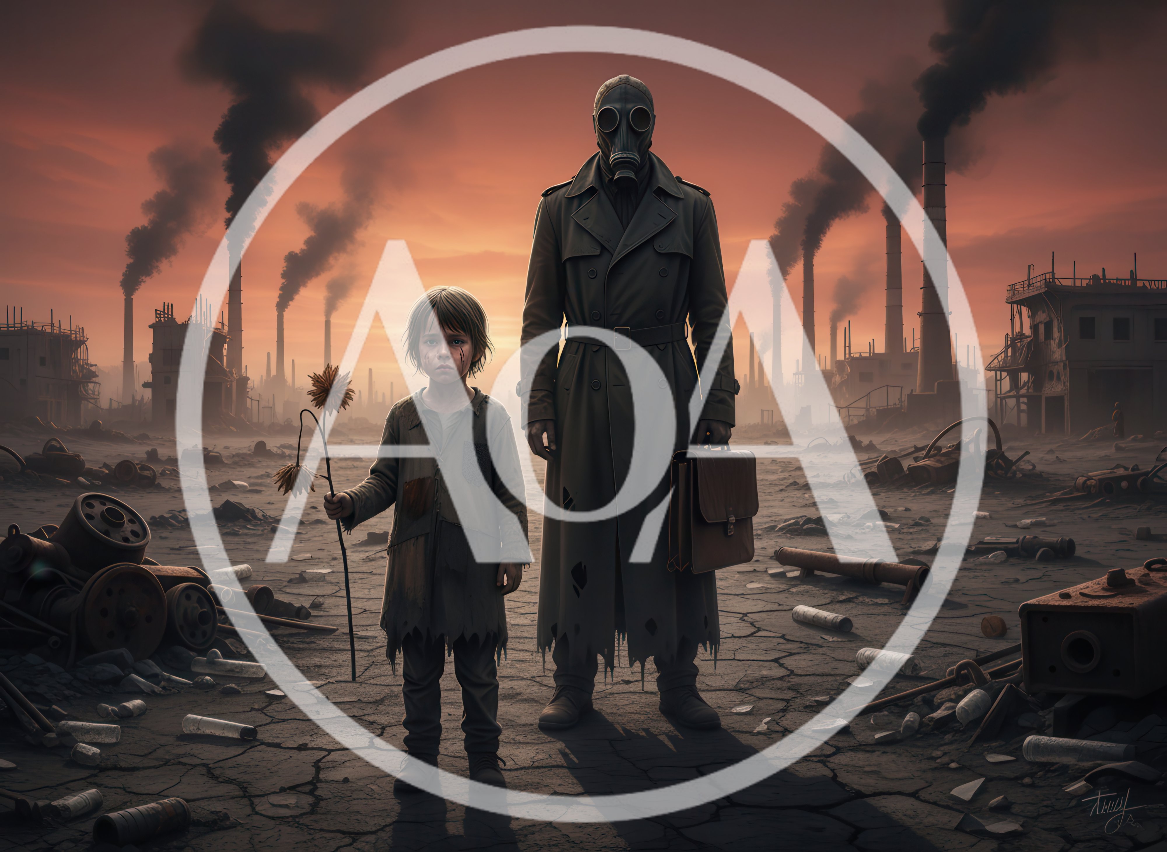 Child Holding Flower Beside Gas Masked Figure In Wasteland