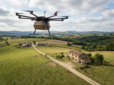 Delivery Drone Flying Over Rural French Countryside