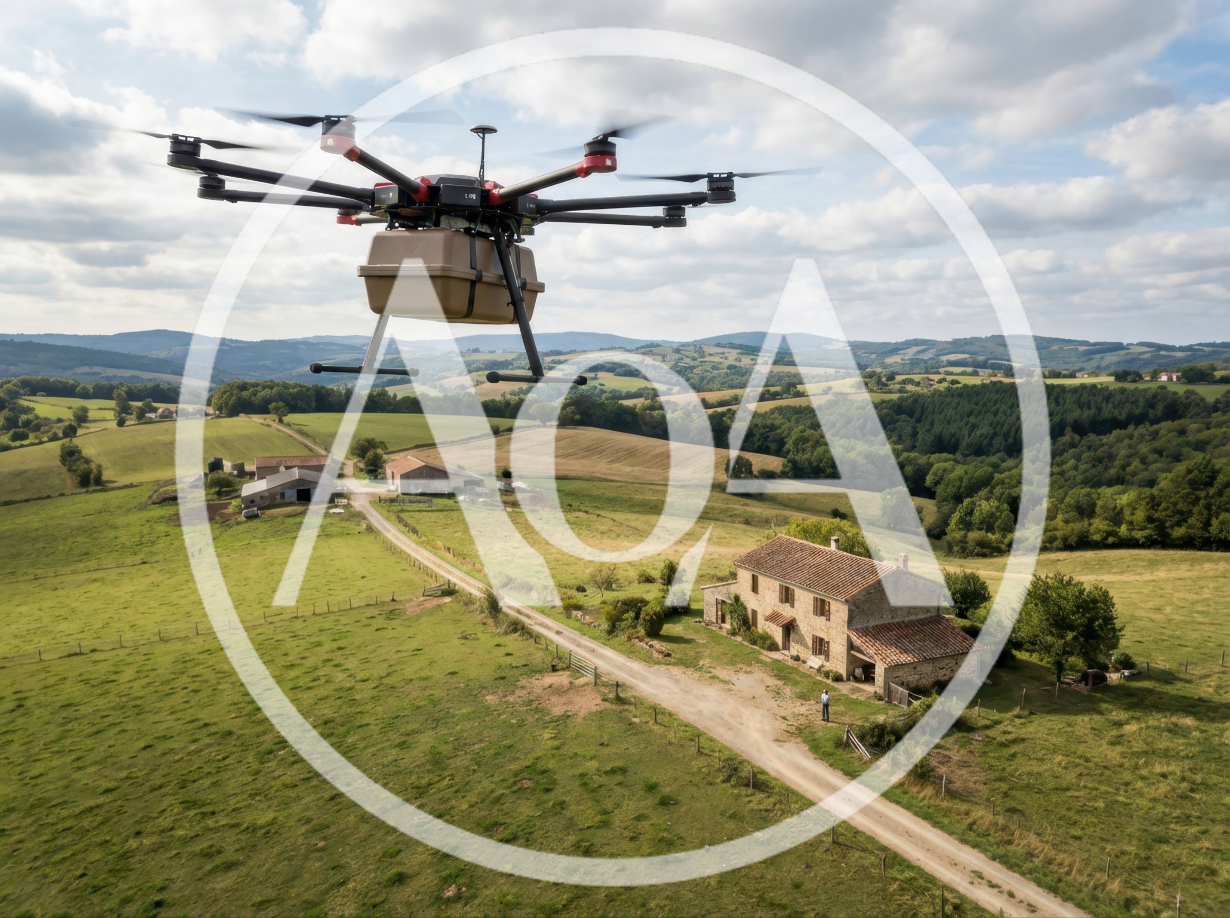 Delivery Drone Flying Over Rural French Countryside