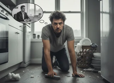 Stressed Man Cleaning Kitchen Floor While Dreaming Of Office