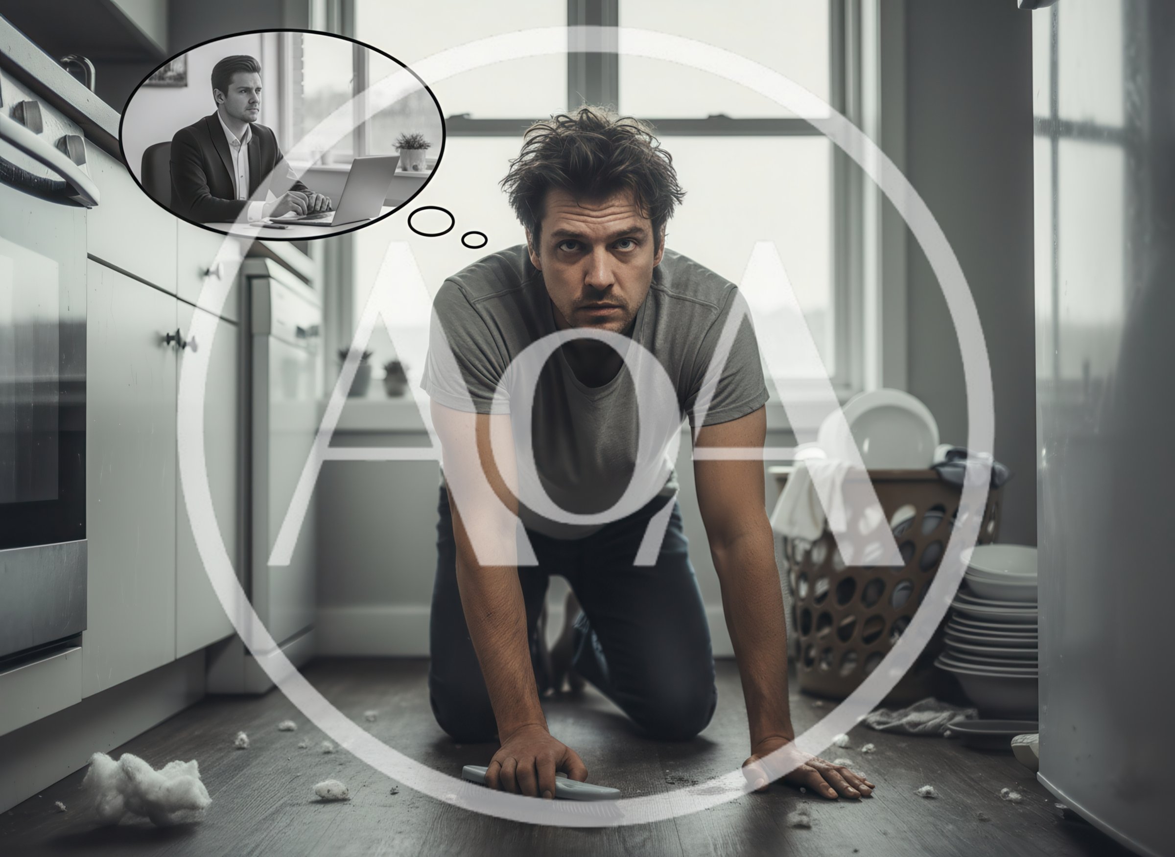 Stressed Man Cleaning Kitchen Floor While Dreaming Of Office