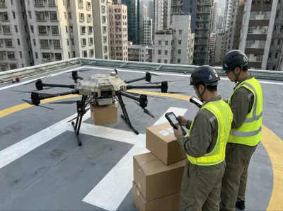 Technicians Preparing Delivery Drone On Rooftop Helipad