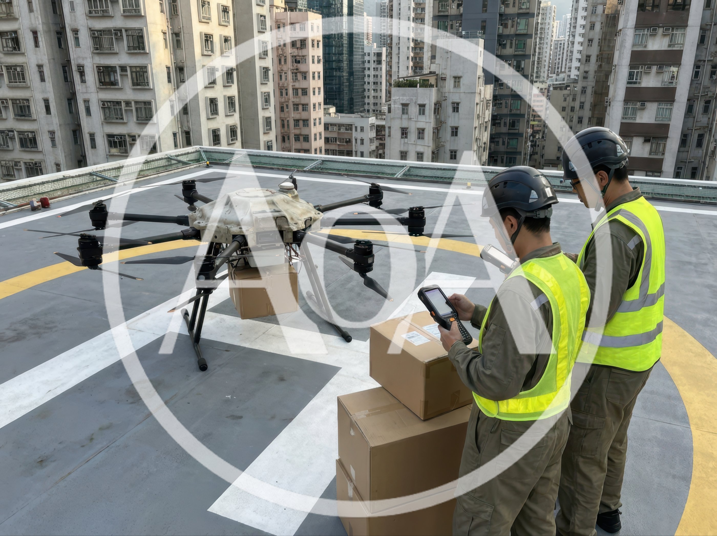 Technicians Preparing Delivery Drone On Rooftop Helipad