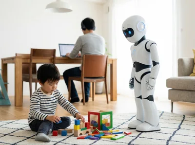 Child Playing With Blocks Beside A Humanoid Robot