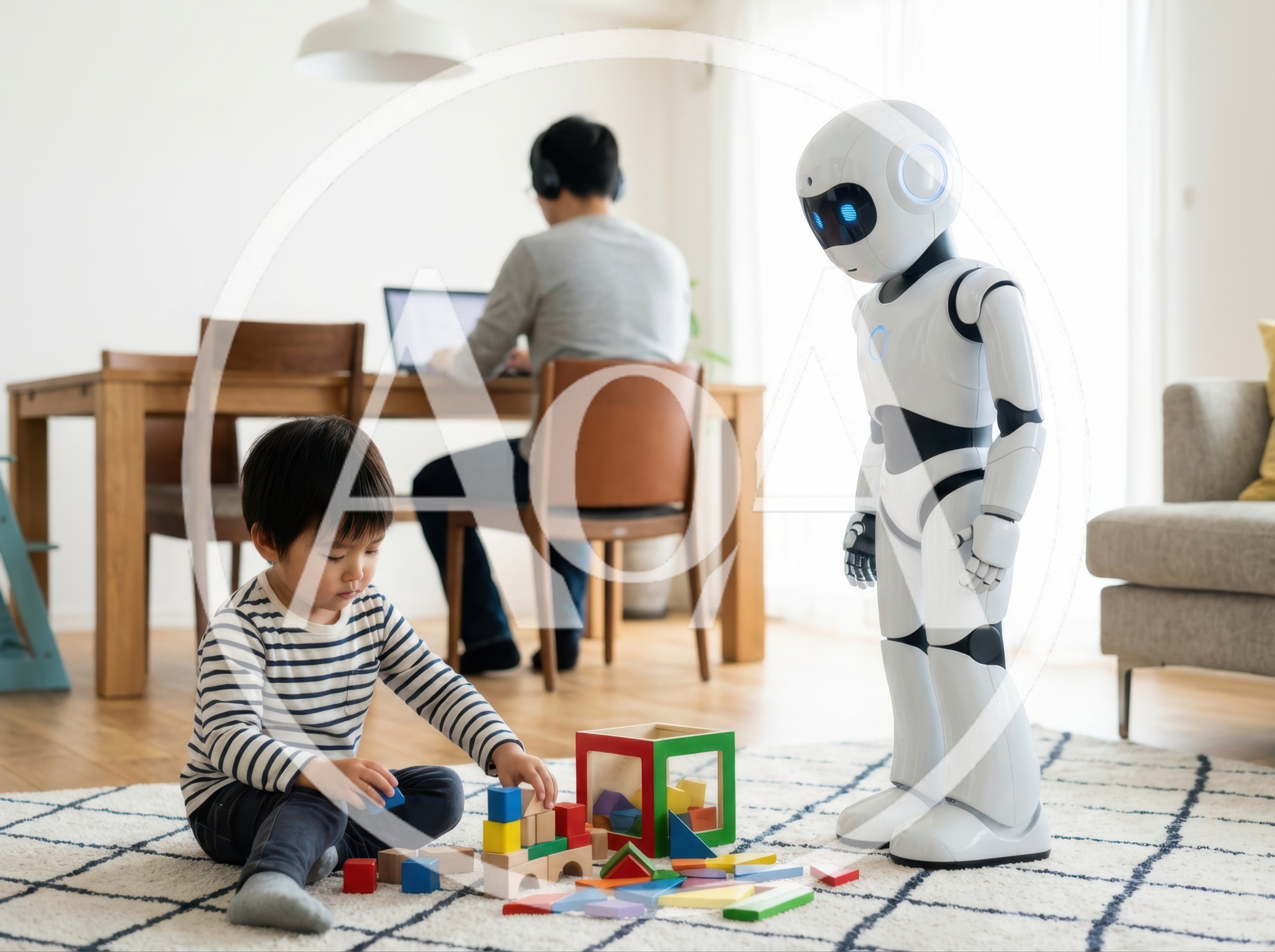 Child Playing With Blocks Beside A Humanoid Robot