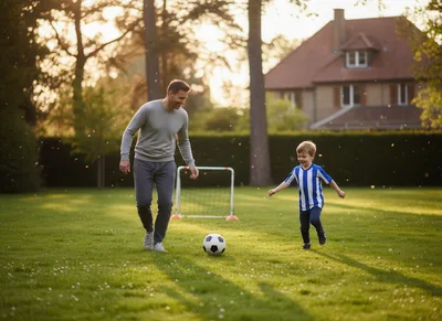 Father and Son Playing Soccer in Backyard