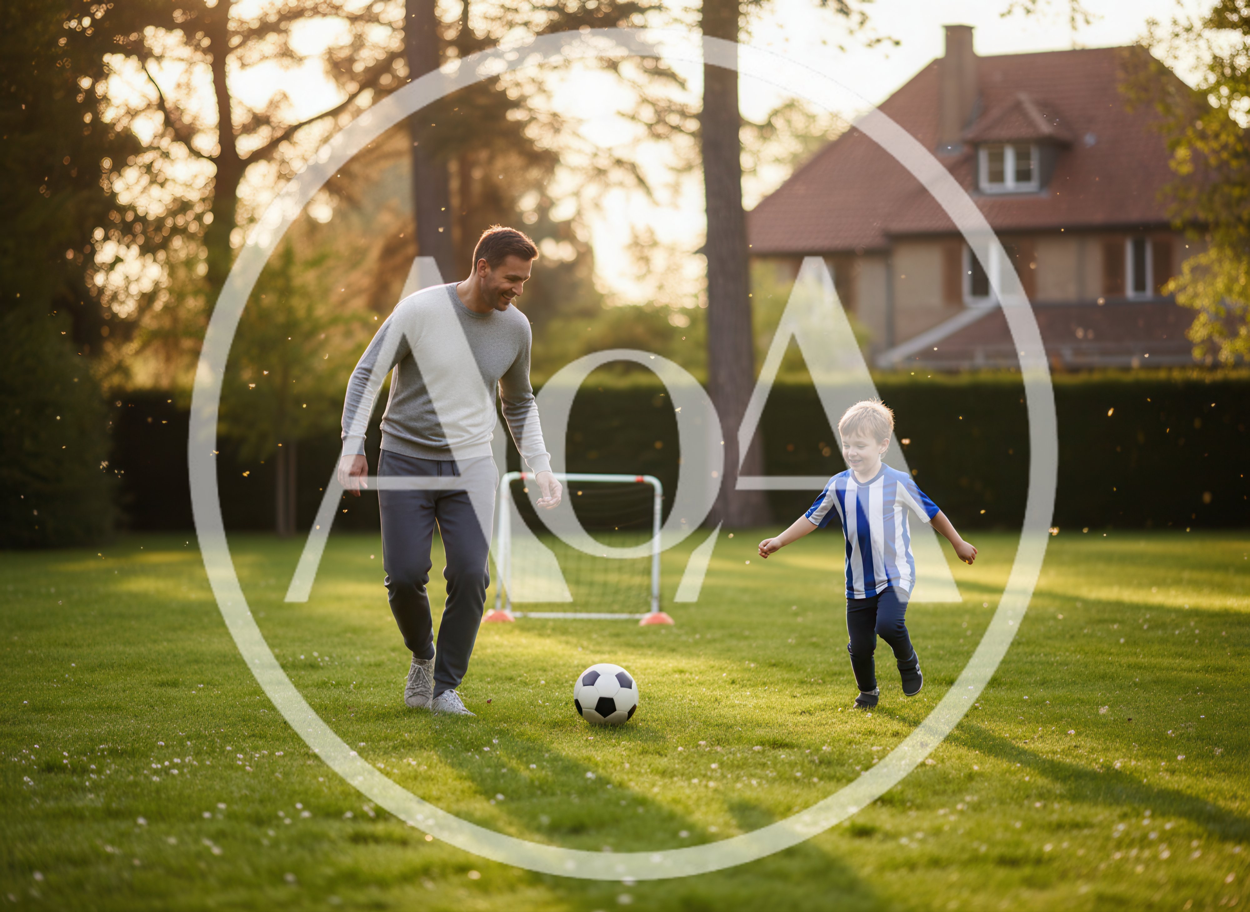 Father and Son Playing Soccer in Backyard