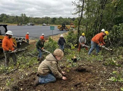 Construction Workers Clearing Brush Near Future Parking Lot