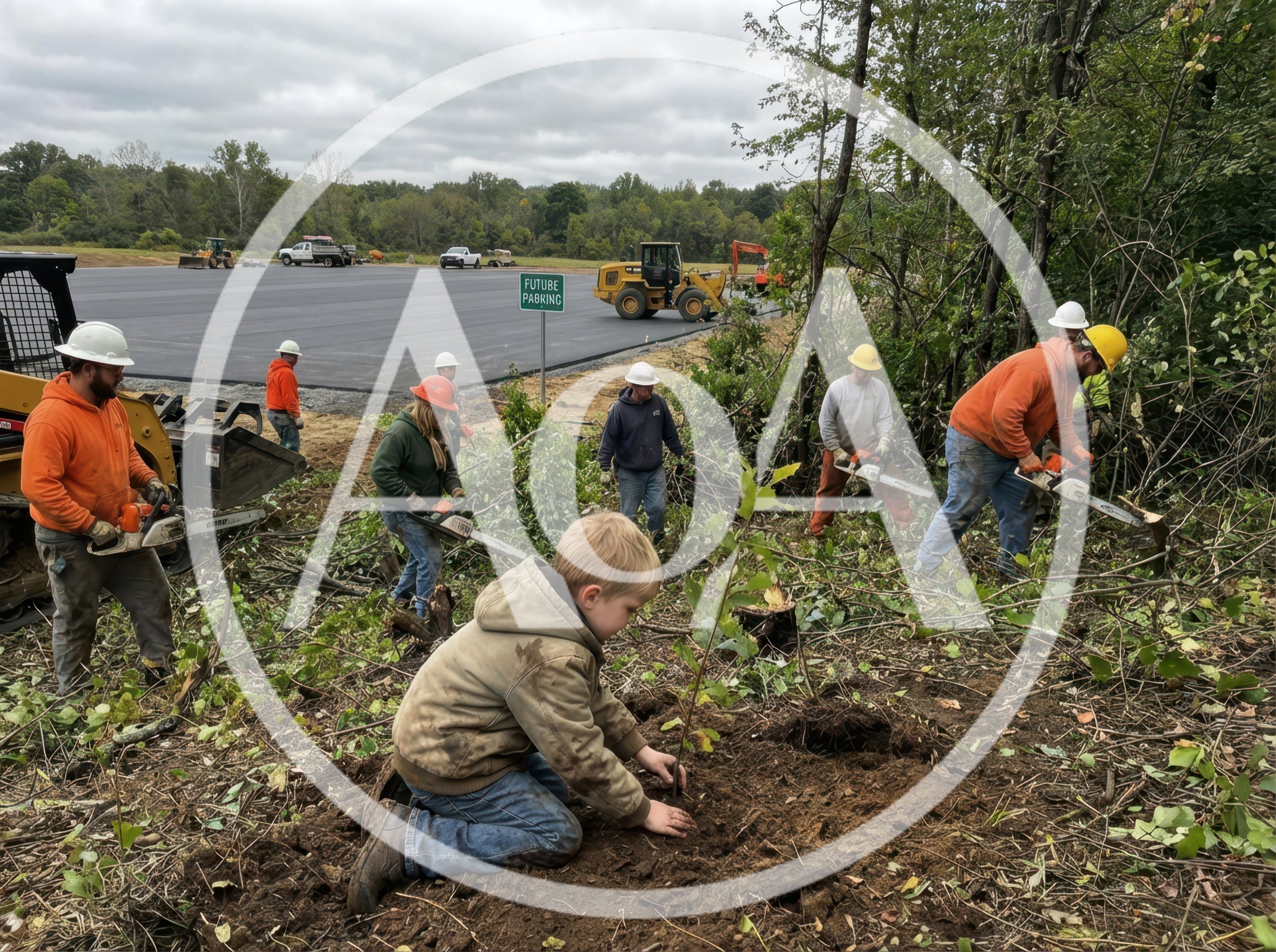 Construction Workers Clearing Brush Near Future Parking Lot