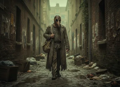 Plague Doctor Walking Through A Desolate Victorian Alleyway