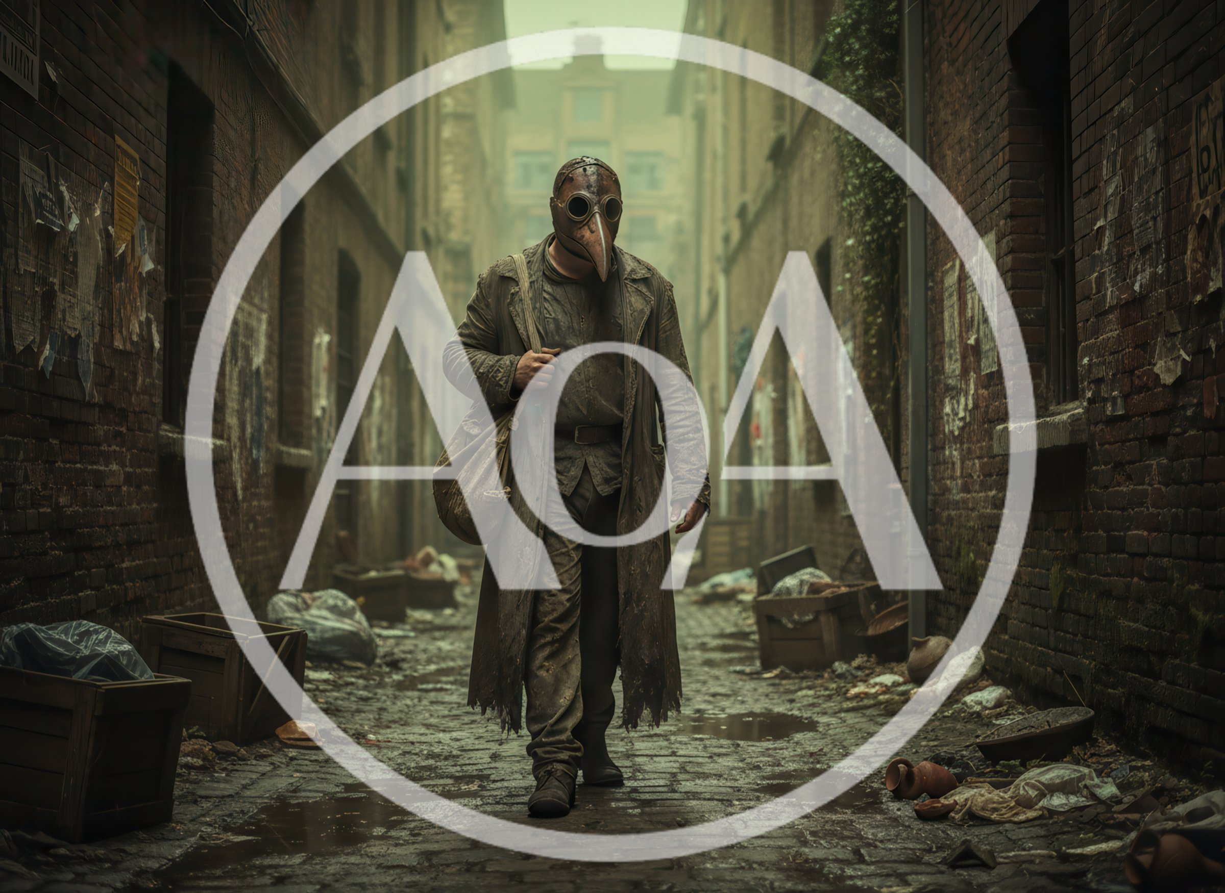 Plague Doctor Walking Through A Desolate Victorian Alleyway