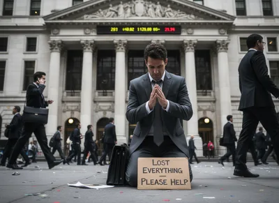 Desperate Businessman Kneeling In Front Of Stock Exchange