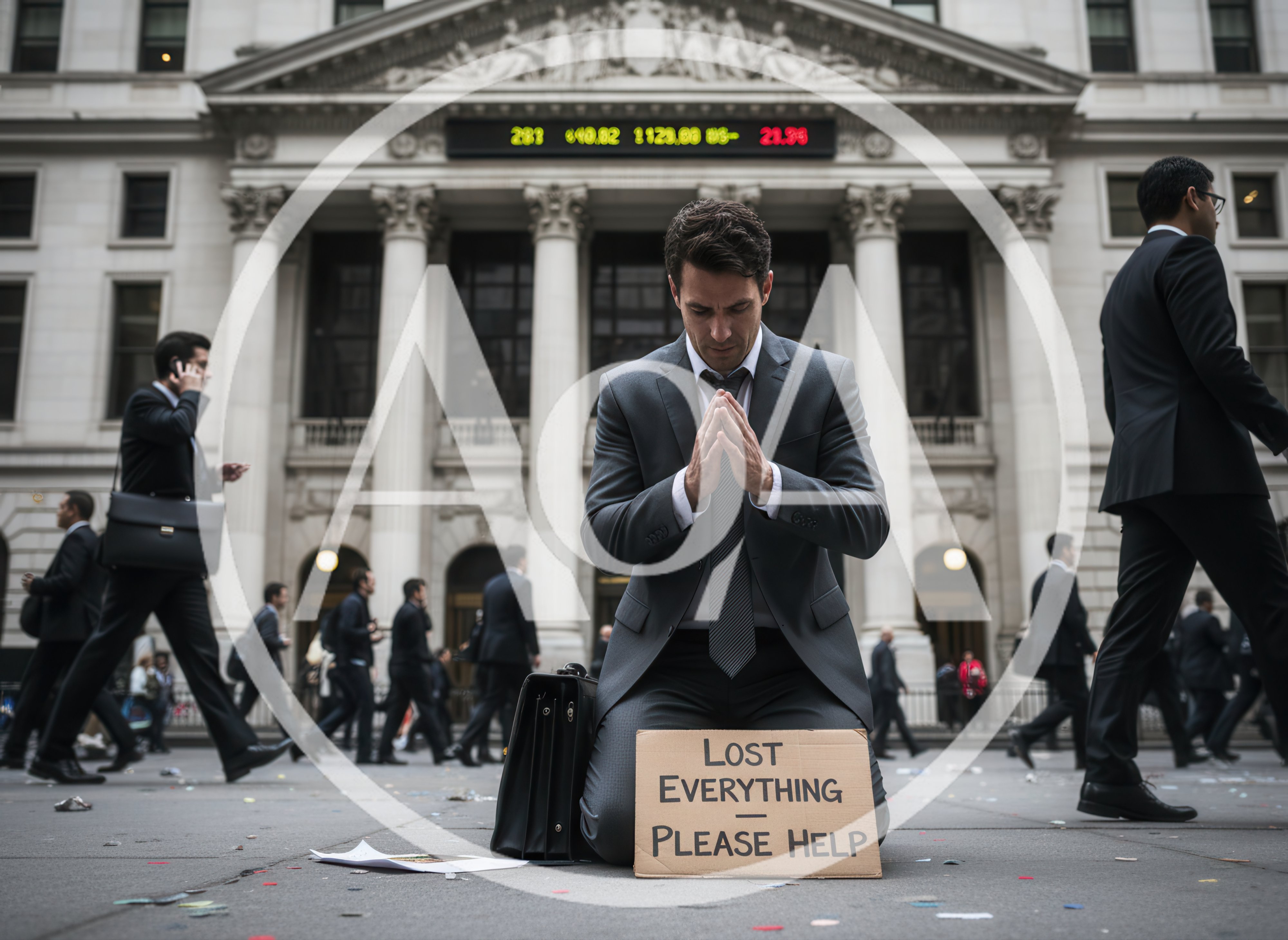 Desperate Businessman Kneeling In Front Of Stock Exchange