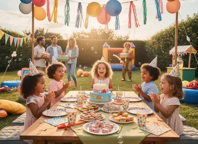 Children Celebrating Birthday Party Outdoors