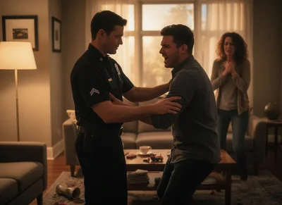 Police Officer Confronting Aggressive Man In Living Room