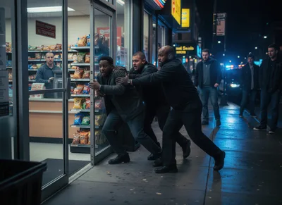 Group Of Men Rushing Into A Convenience Store