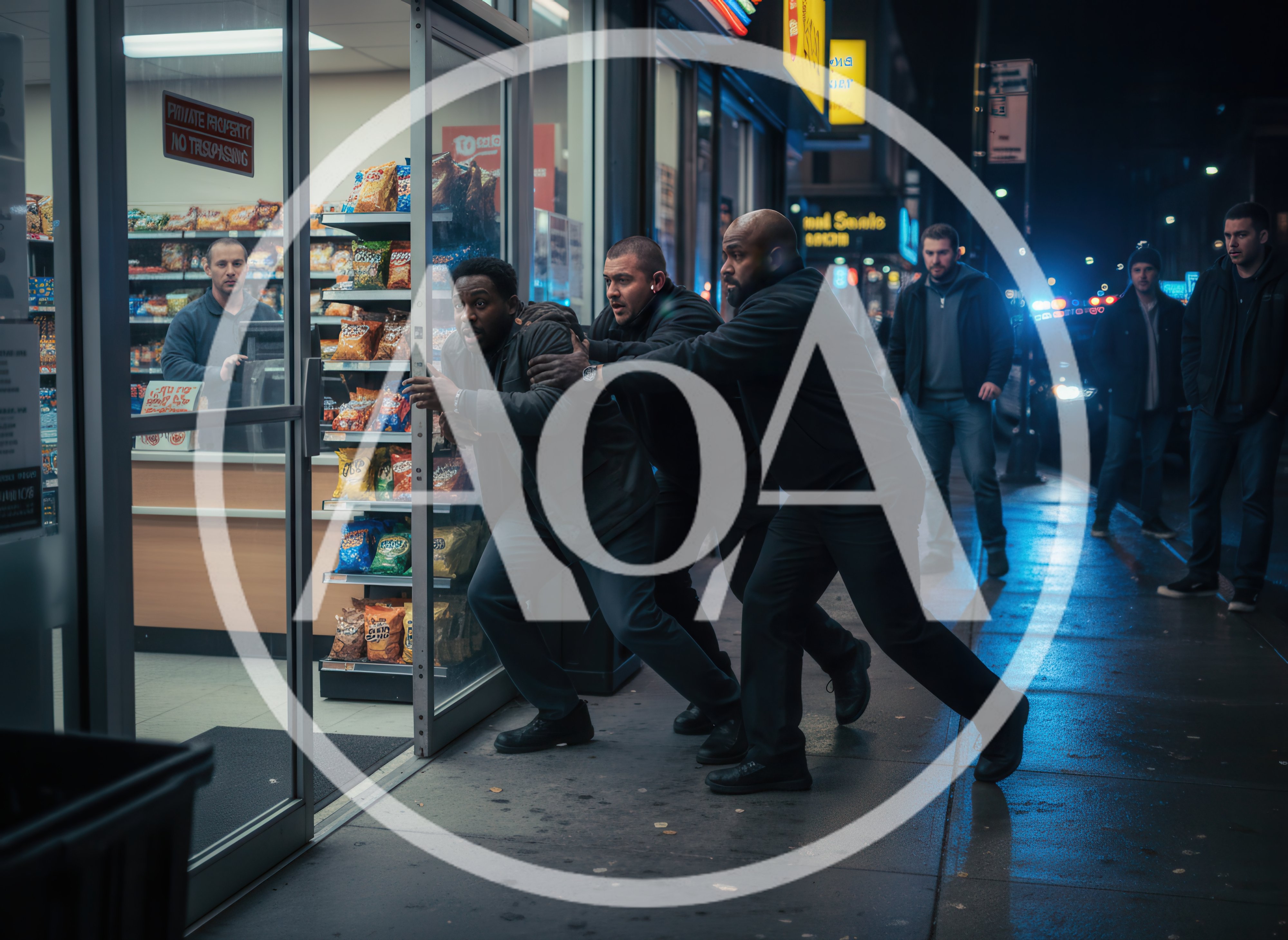 Group Of Men Rushing Into A Convenience Store