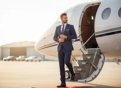 Businessman Stepping Off Private Jet on Tarmac