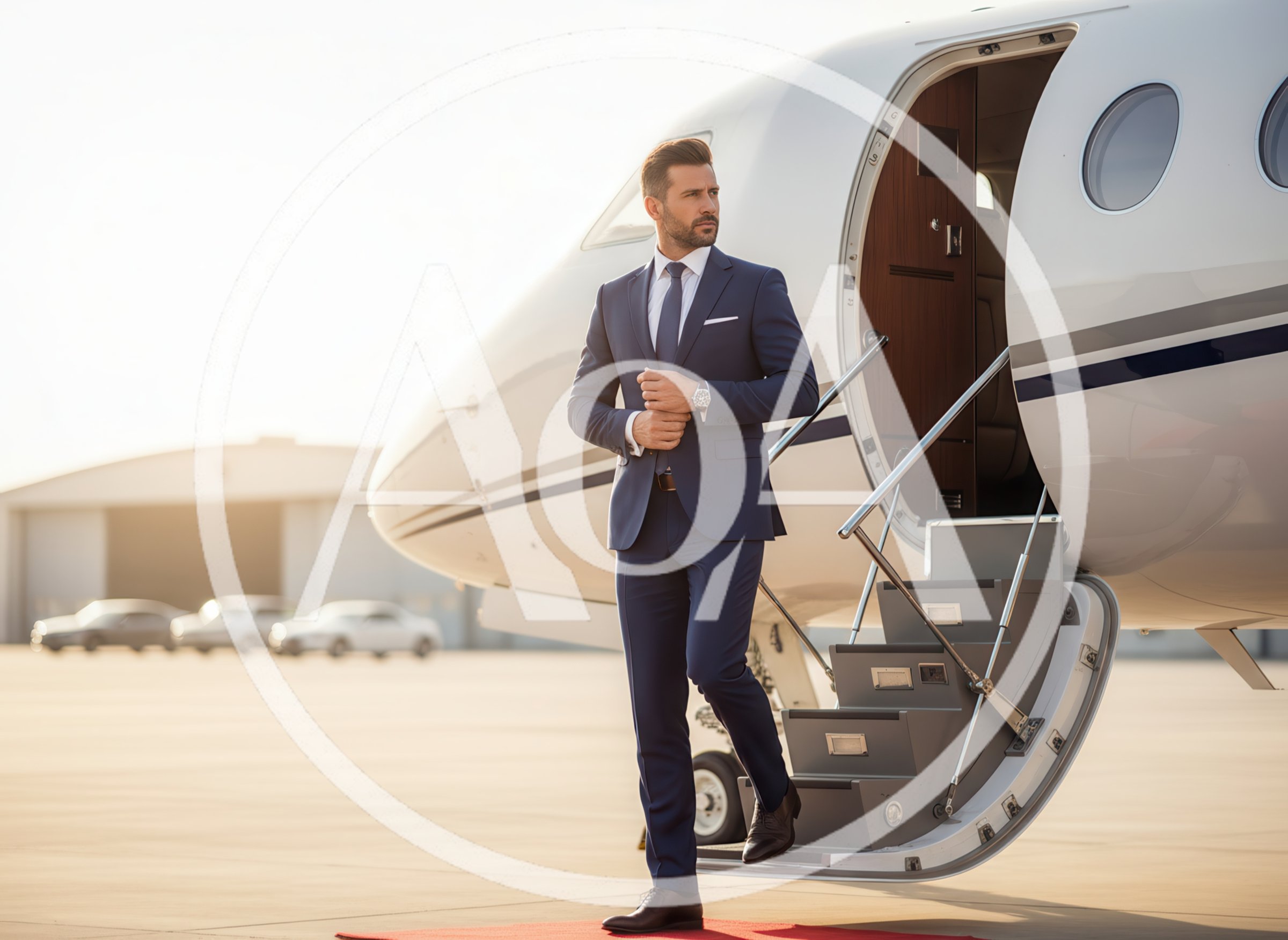 Businessman Stepping Off Private Jet on Tarmac