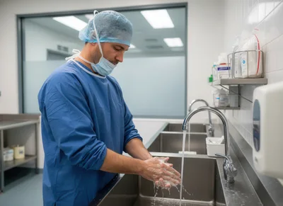 Surgeon Scrubbing Hands Before Surgery In Hospital