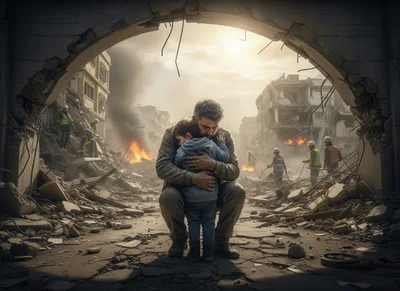 Father Embracing Child Amidst War Torn City Ruins