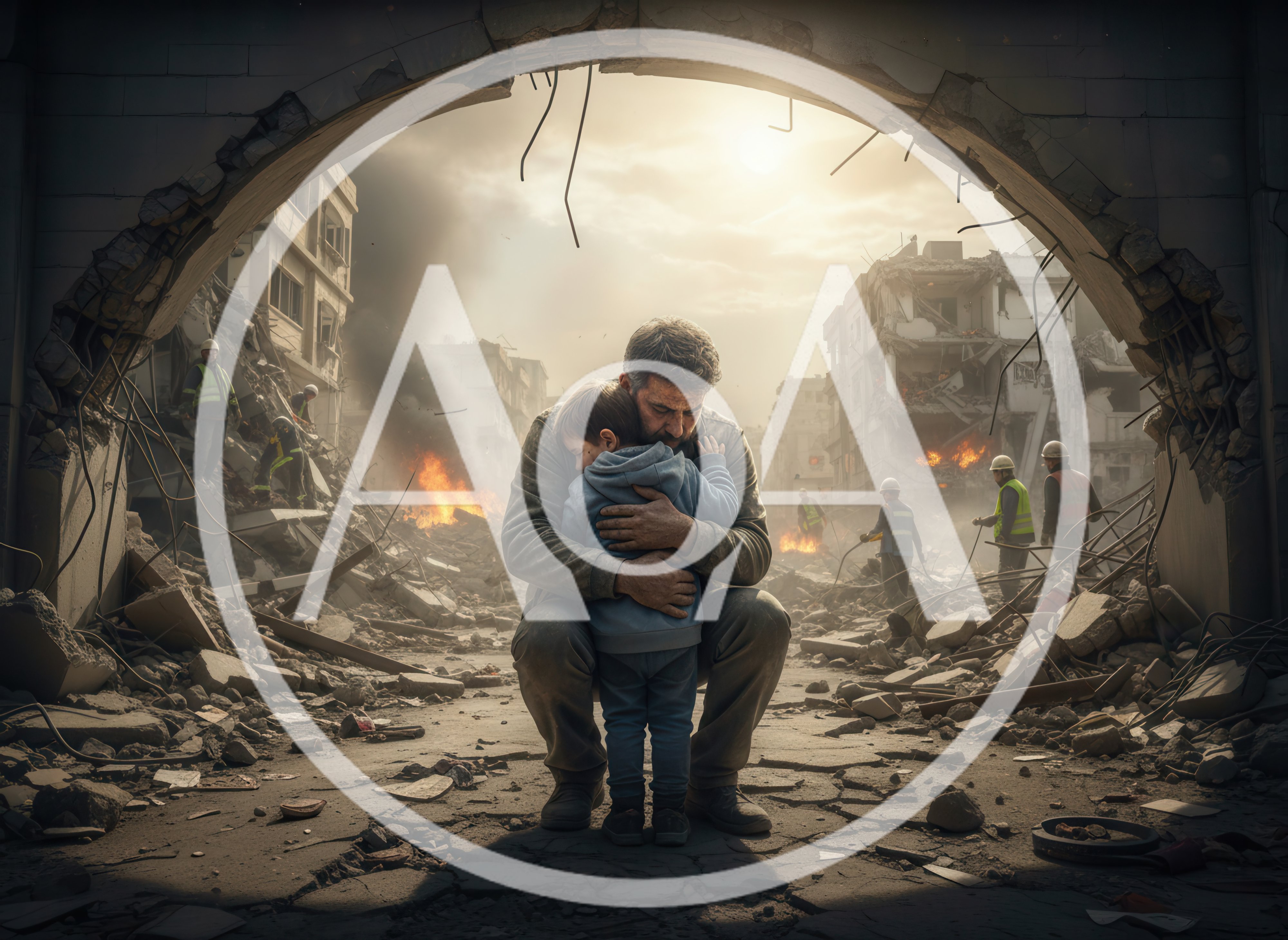 Father Embracing Child Amidst War Torn City Ruins
