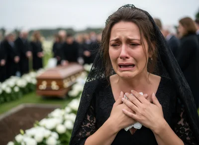 Grieving Woman Crying At A Funeral Service